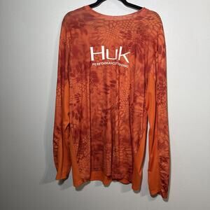 Huk Performance Fishing Shirt Mens XL Orange Kryptek Camo Long Sleeve Inferno